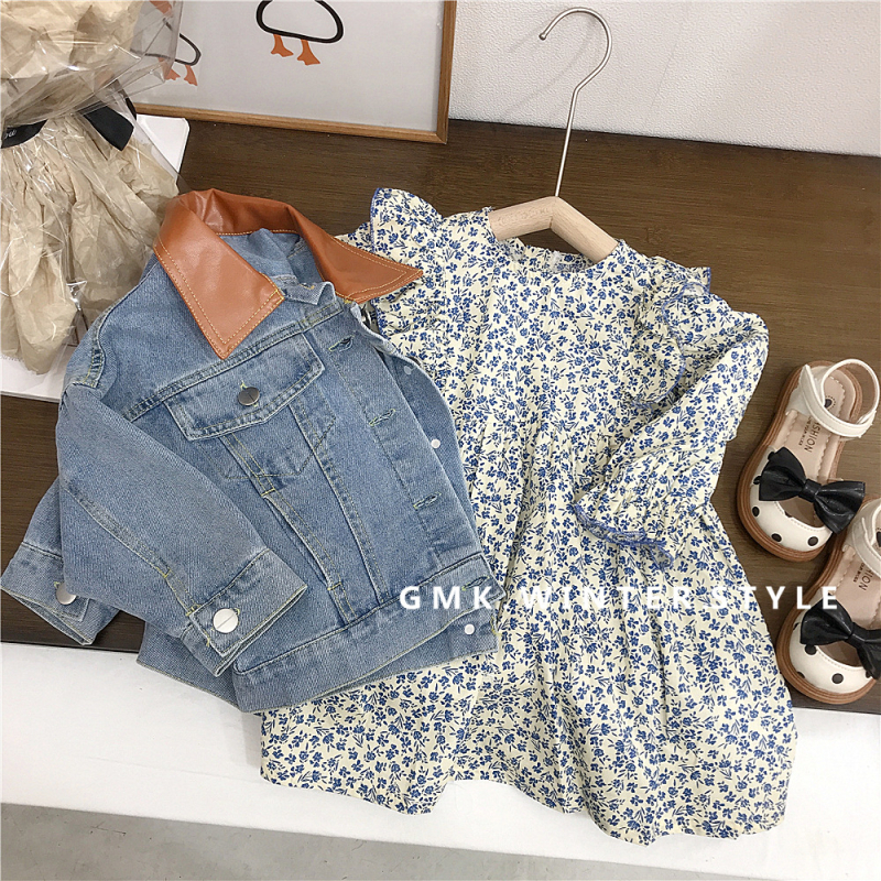 Jachetă jean pentru fete cu guler din piele, imprimeu litere, bumbac 95%, închidere cu un singur nasture, toamna 2023