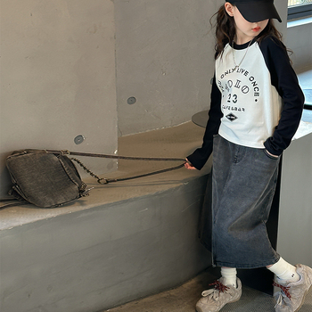 Lányok őszi denim szoknyája, koreai stílus, A-vonal, pamut anyag, egyszínű