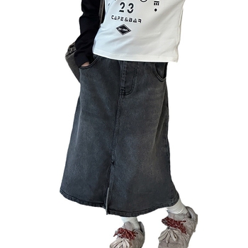 Lányok őszi denim szoknyája, koreai stílus, A-vonal, pamut anyag, egyszínű