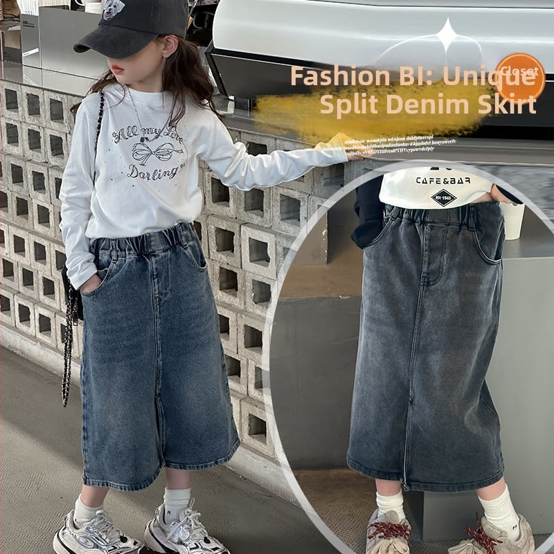 Lányok őszi denim szoknyája, koreai stílus, A-vonal, pamut anyag, egyszínű