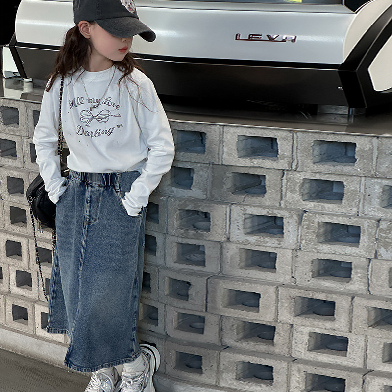 Lányok őszi denim szoknyája, koreai stílus, A-vonal, pamut anyag, egyszínű