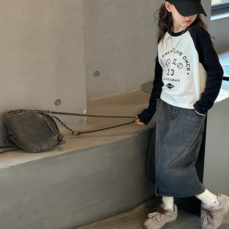 Lányok őszi denim szoknyája, koreai stílus, A-vonal, pamut anyag, egyszínű