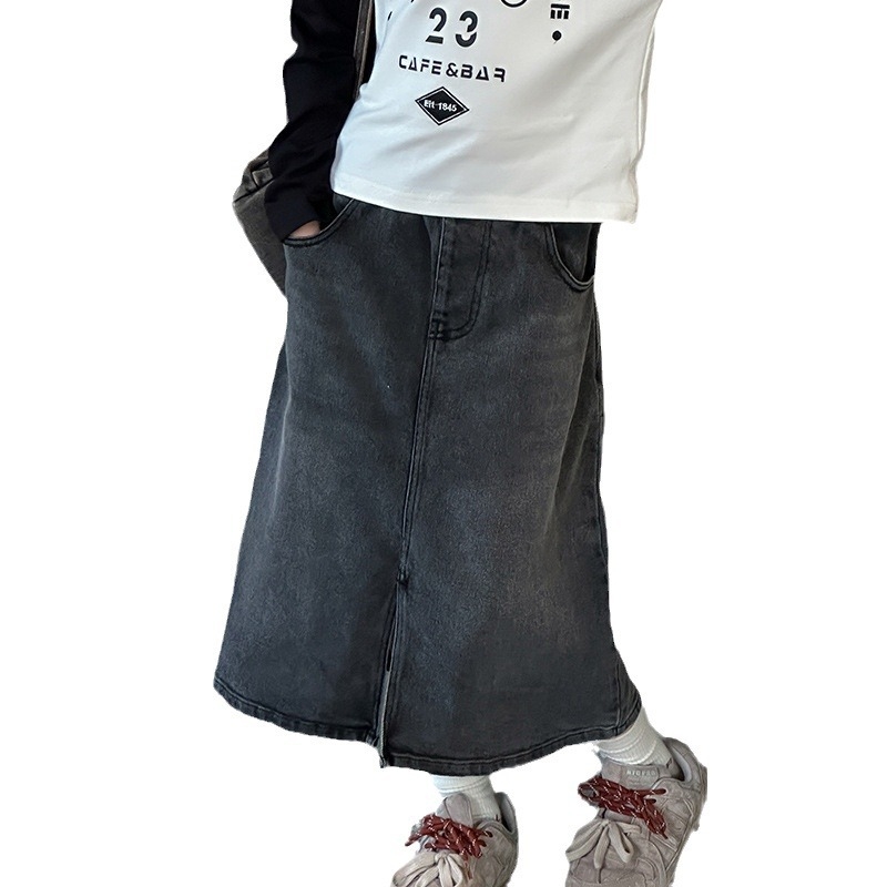 Lányok őszi denim szoknyája, koreai stílus, A-vonal, pamut anyag, egyszínű