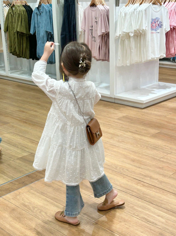 Rochie pentru fete în stil coreean, din bumbac jacquard, mâneci lungi, guler înalt și fustă cu volane