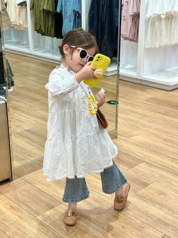Rochie pentru fete în stil coreean, din bumbac jacquard, mâneci lungi, guler înalt și fustă cu volane
