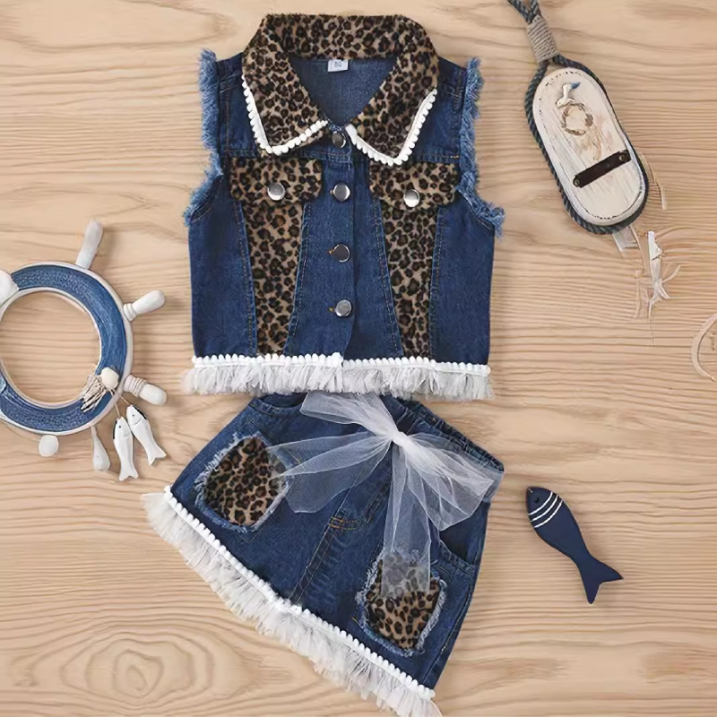 Dječji dvodijelni denim komplet: top bez rukava s ovratnikom i kratke hlače, leopard uzorak, pamuk, ljeto, za uzrast 3–8 godina
