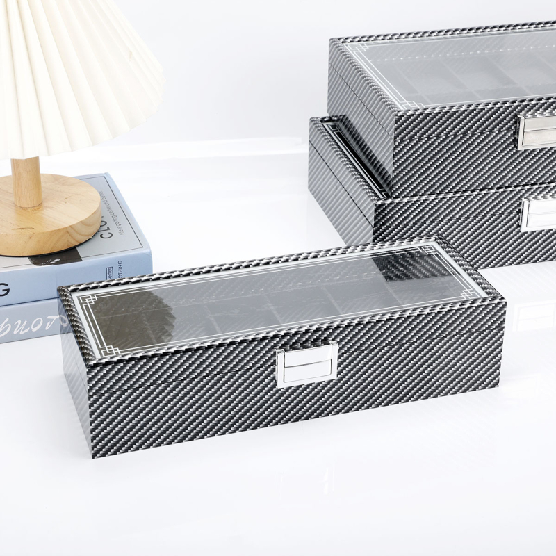 Kutija za izlaganje mehaničkih sati s karbonskim kožnim premazom, stolna, velika kapaciteta, organizator nakita