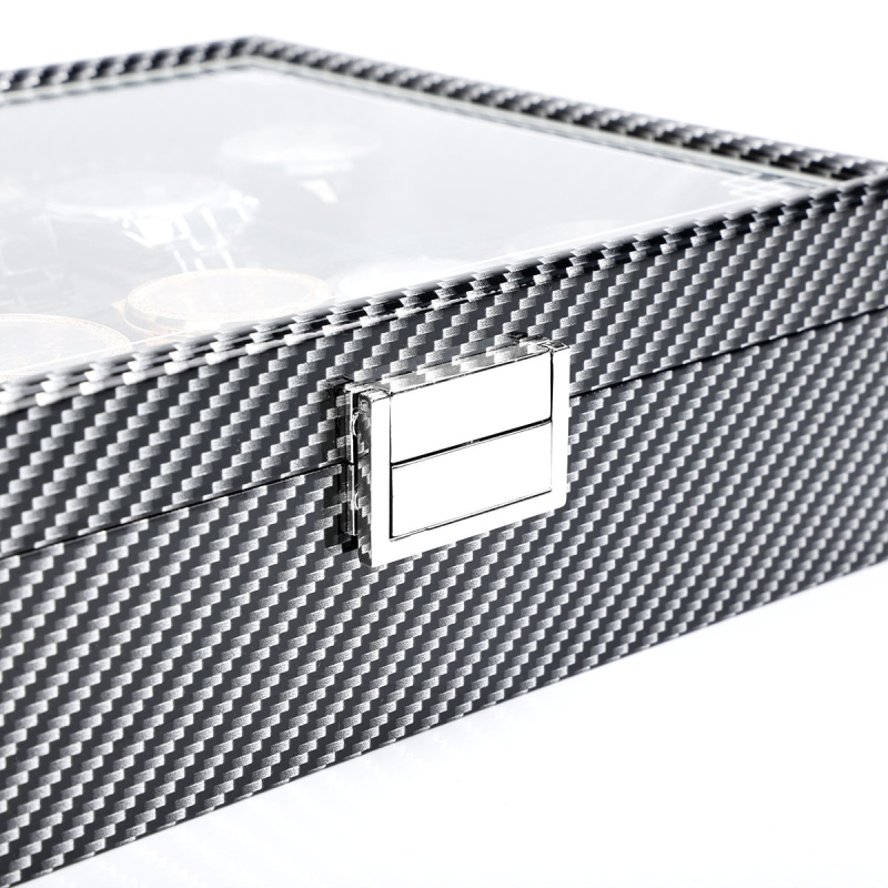 Kutija za izlaganje mehaničkih sati s karbonskim kožnim premazom, stolna, velika kapaciteta, organizator nakita