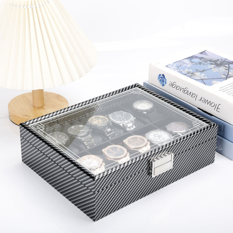 Kutija za izlaganje mehaničkih sati s karbonskim kožnim premazom, stolna, velika kapaciteta, organizator nakita