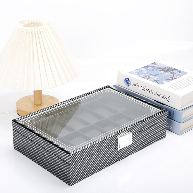 Kutija za izlaganje mehaničkih sati s karbonskim kožnim premazom, stolna, velika kapaciteta, organizator nakita