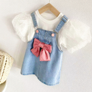 Lányoknak koreai stílusú denim pántos ruha masnival és puffos ujjakkal, 90% pamut