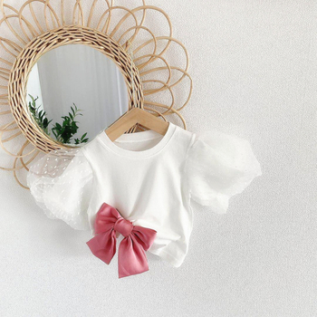 Lányoknak koreai stílusú denim pántos ruha masnival és puffos ujjakkal, 90% pamut