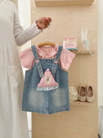 Dva dijela dječji set: denim haljina na trakice i kratka majica, korejski stil, print crtani film s točkicama, pamuk tkanina, za dob 3–8 godina
