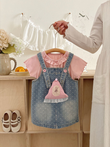Dva dijela dječji set: denim haljina na trakice i kratka majica, korejski stil, print crtani film s točkicama, pamuk tkanina, za dob 3–8 godina