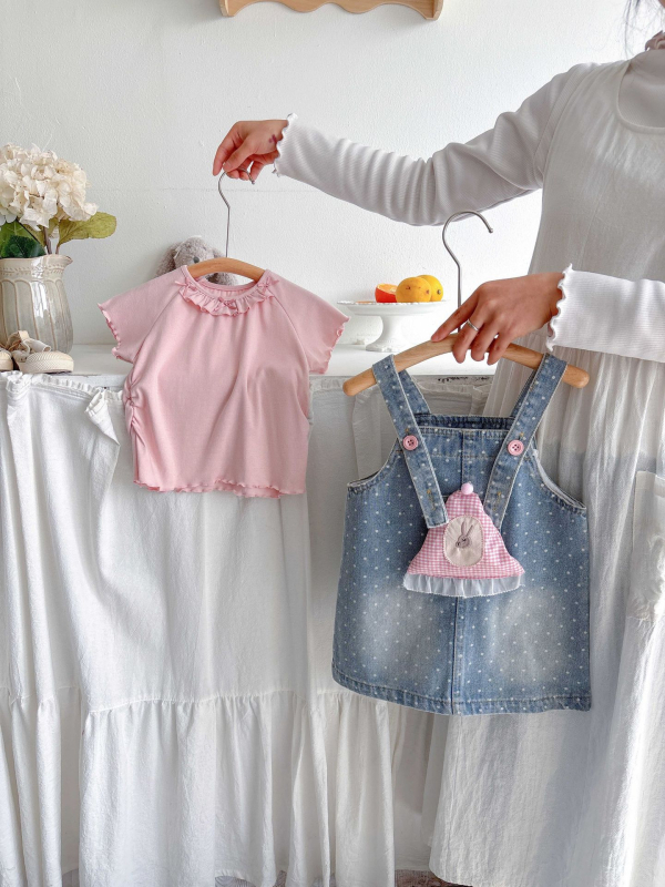 Dva dijela dječji set: denim haljina na trakice i kratka majica, korejski stil, print crtani film s točkicama, pamuk tkanina, za dob 3–8 godina