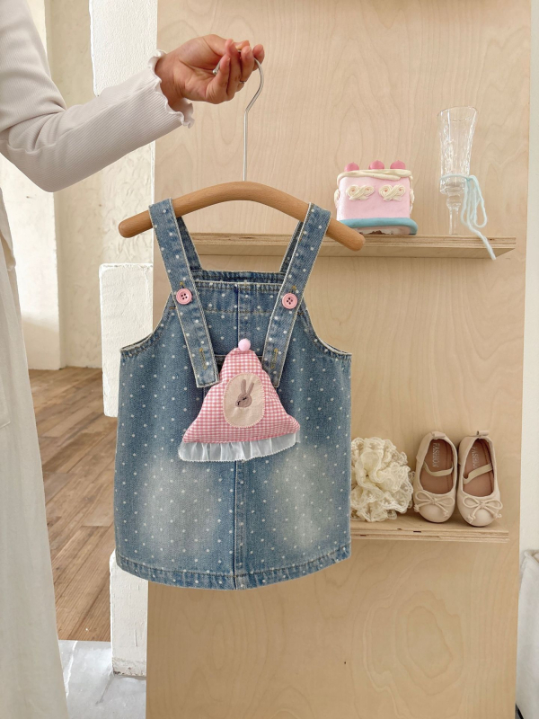 Dva dijela dječji set: denim haljina na trakice i kratka majica, korejski stil, print crtani film s točkicama, pamuk tkanina, za dob 3–8 godina