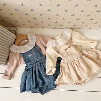Детска дънкова пола с презрамки, рюш, за момичета, подплата от памук 95%, за възраст 1–3 години, пролет 2024