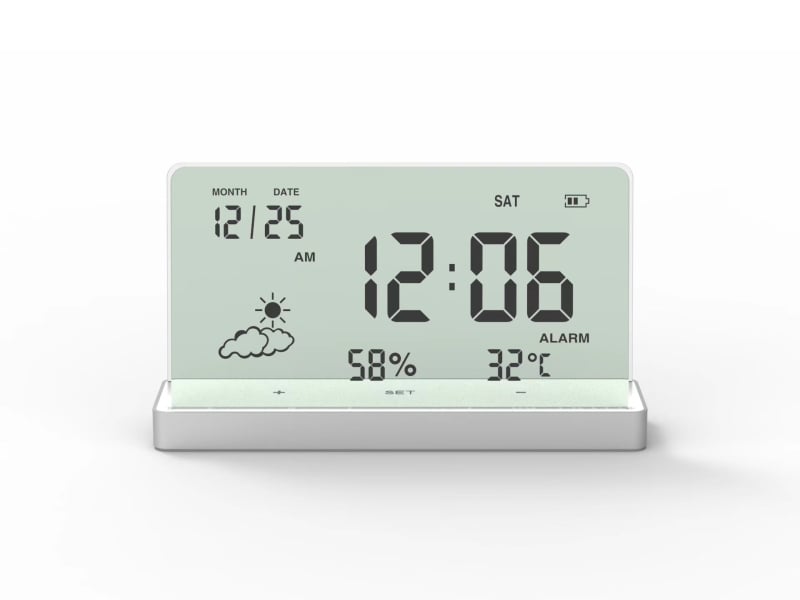 Alarmni sat s LCD zaslonom, termometrom, mjerenjem vlage, kalendarom i 24-satnim vremenom