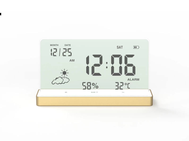 Alarmni sat s LCD zaslonom, termometrom, mjerenjem vlage, kalendarom i 24-satnim vremenom