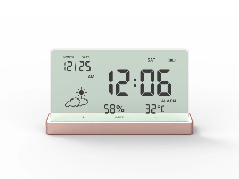 Alarmni sat s LCD zaslonom, termometrom, mjerenjem vlage, kalendarom i 24-satnim vremenom