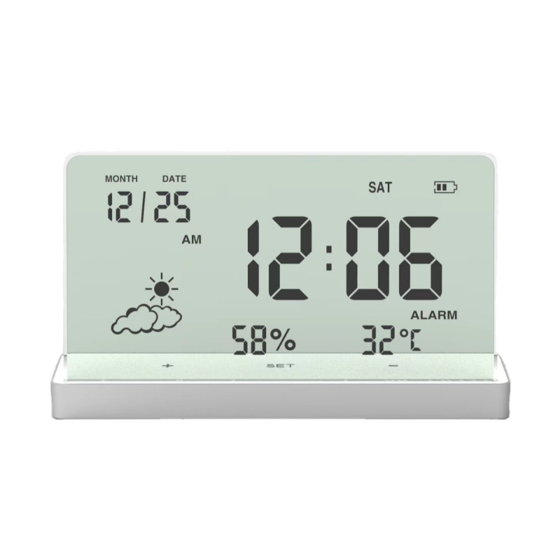 Alarmni sat s LCD zaslonom, termometrom, mjerenjem vlage, kalendarom i 24-satnim vremenom