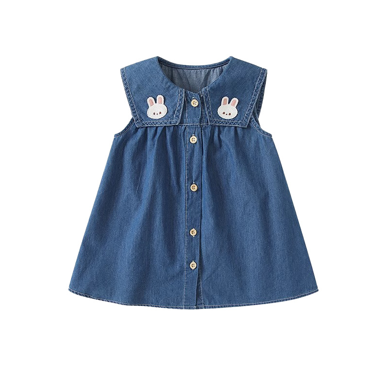 Детска дънкова пола А-линия, карикатурен принт, 100% памук, без ръкави, за деца 3–8 години