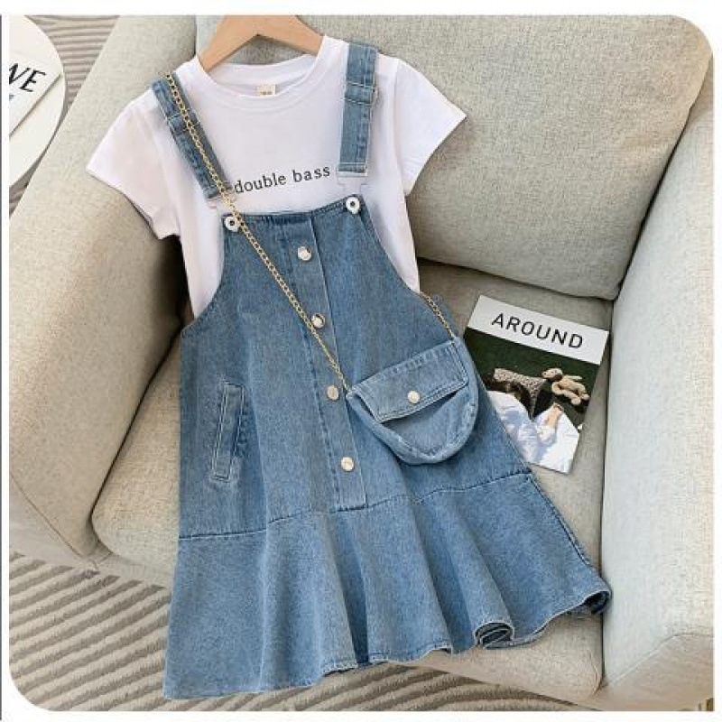 Haljina s naramenicama za djevojčice, denim/pamuk, 8+ godina, kratki rukav, 91–95% pamuka