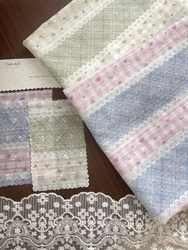 Тъкани за бебешки и детски дрехи — 75% бамбукови влакна, 25% памук — тисната дантела, пачворк и офсетен печат (за покривка за маса)