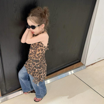 Детска рокля за момичета с леопардов принт, без презрамки и без гръб, памучна смес 90%, асиметрично дъно, за възраст 3-8 години, корейски стил, лято 2025