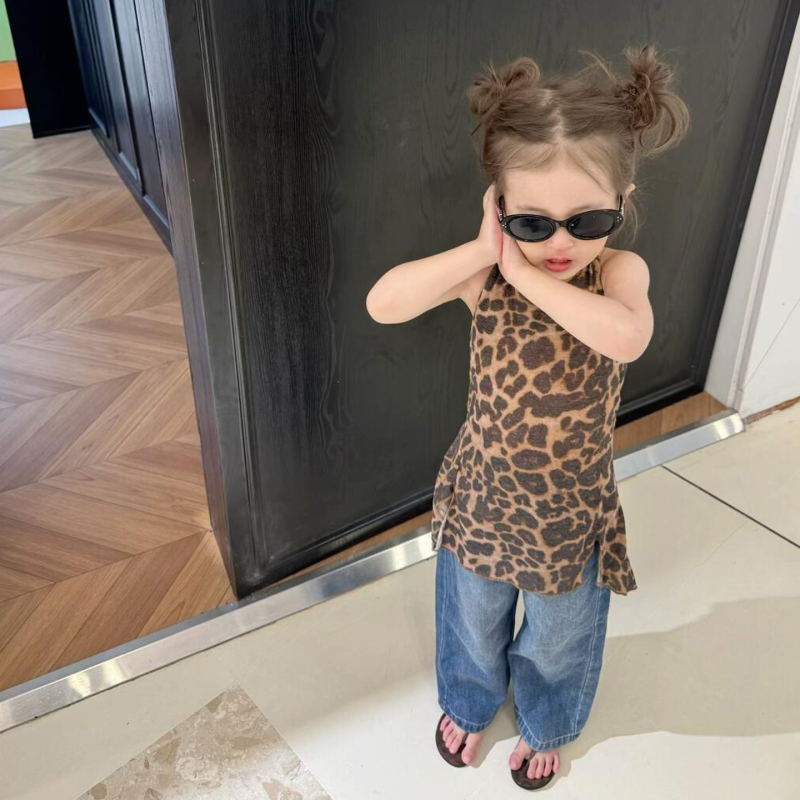 Детска рокля за момичета с леопардов принт, без презрамки и без гръб, памучна смес 90%, асиметрично дъно, за възраст 3-8 години, корейски стил, лято 2025