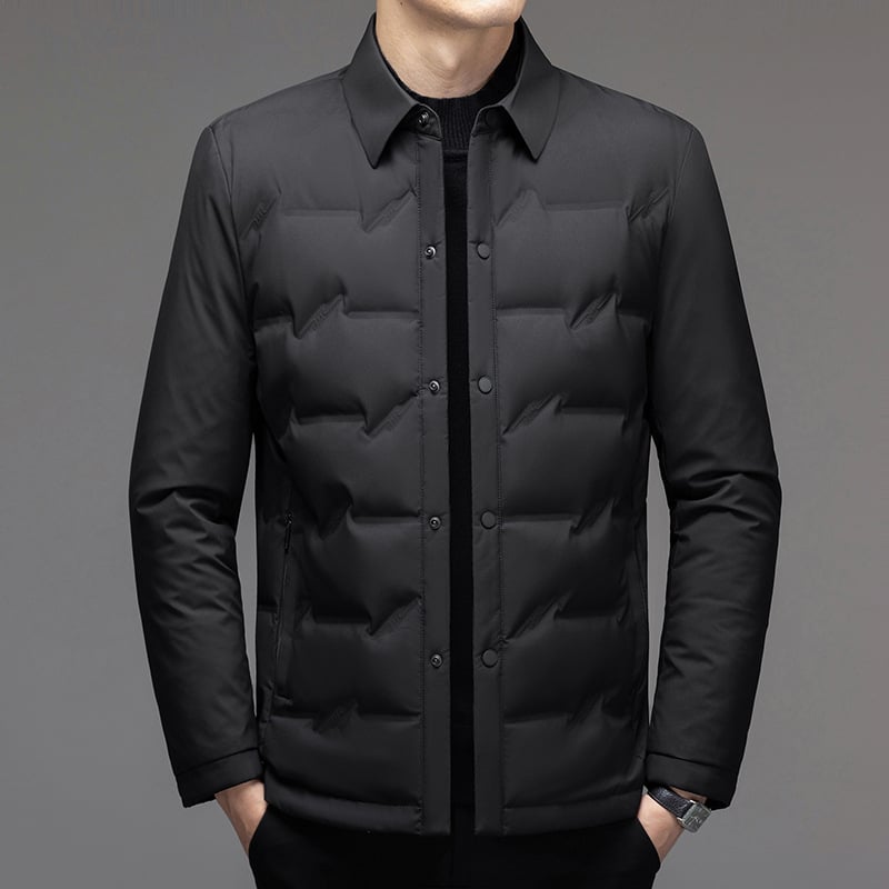 Muška lagana down jakna s reverom, punjenje bijelim gusjim perjem 86–90%, gustoća 650, zatvarač, zimski osnovni stil, podstava poliester