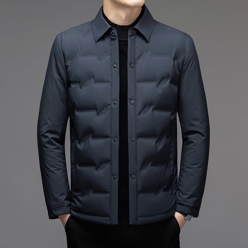 Muška lagana down jakna s reverom, punjenje bijelim gusjim perjem 86–90%, gustoća 650, zatvarač, zimski osnovni stil, podstava poliester