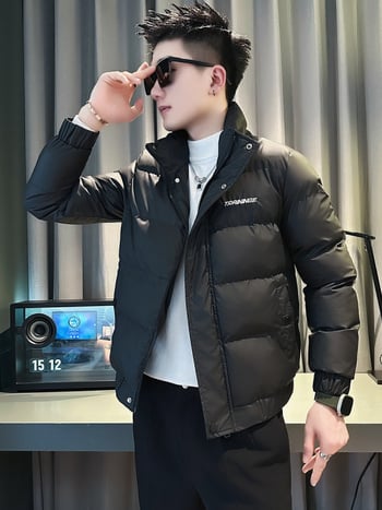 Muška jakna s poliesterskim punilom, korejskog stila, kratka, stojeći ovratnik, zatvarač, jednobojni uzorak, zima 2025