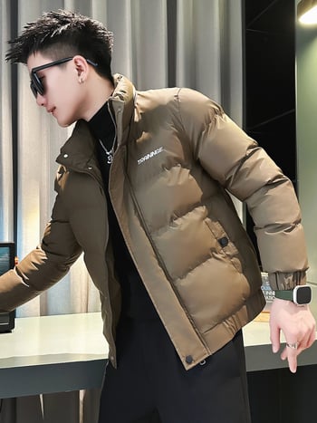 Muška jakna s poliesterskim punilom, korejskog stila, kratka, stojeći ovratnik, zatvarač, jednobojni uzorak, zima 2025