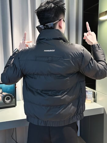 Muška jakna s poliesterskim punilom, korejskog stila, kratka, stojeći ovratnik, zatvarač, jednobojni uzorak, zima 2025