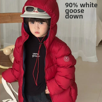 Bērnu kapucēta pūku jaka, bieza ziemas versija, balta zoss spalvas 86–90%, korejiešu stils, rāvējslēdzējs