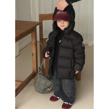 Bērnu kapucēta pūku jaka, bieza ziemas versija, balta zoss spalvas 86–90%, korejiešu stils, rāvējslēdzējs