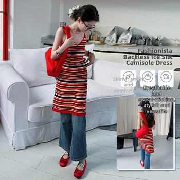 Koreai stílusú gyerekruha pántokkal, csíkos mintával, hátsó rész nyitott, Ice Silk anyag, A-vonalú szabás, 8+ éveseknek, nyár