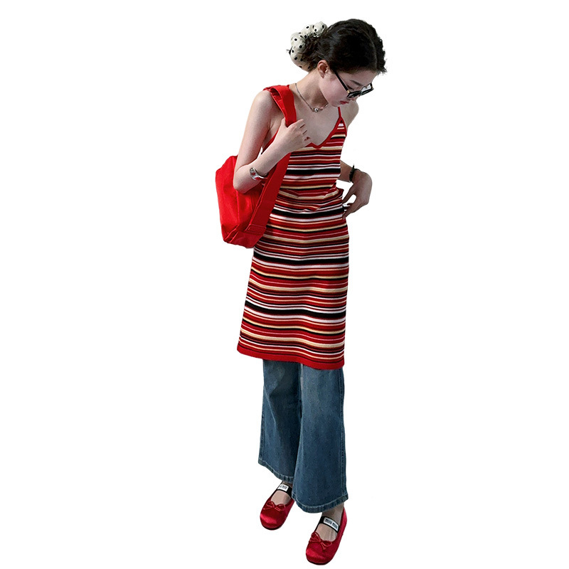 Koreai stílusú gyerekruha pántokkal, csíkos mintával, hátsó rész nyitott, Ice Silk anyag, A-vonalú szabás, 8+ éveseknek, nyár