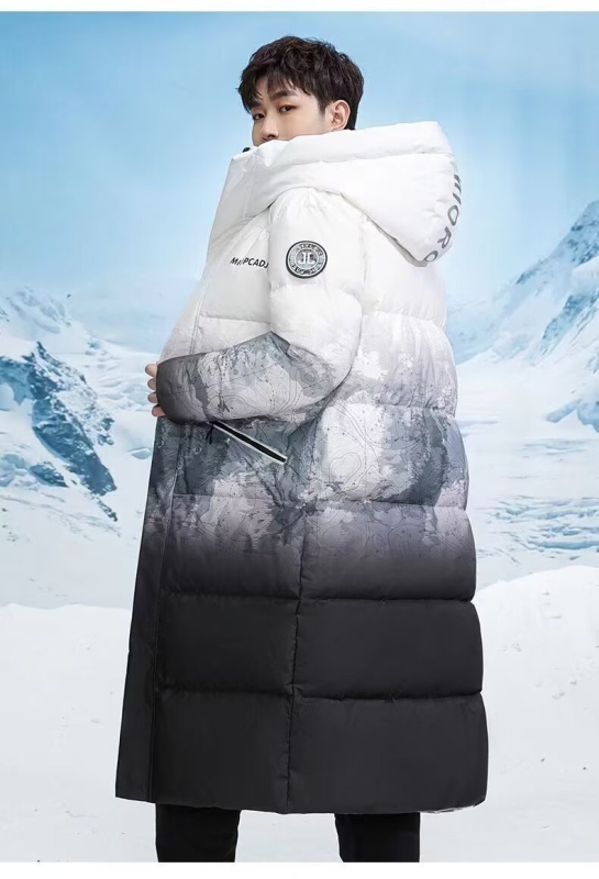 Muška jakna s perjem bijele patke, srednje duljine, kapuljača, izolirana, ekstremna hladnoća (-30°C do -15°C)