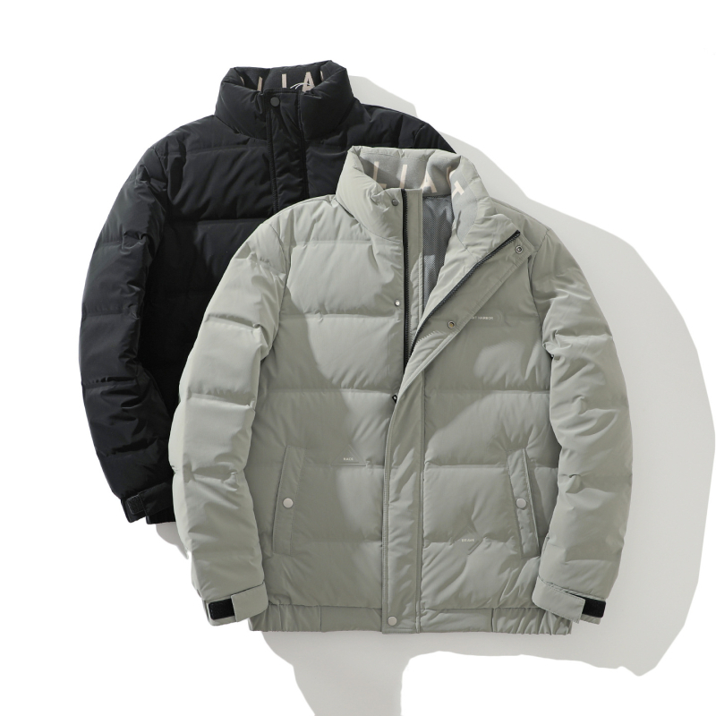 Muška down jakna s stojećim ovratnikom, zatvaračem, debela; 86-90% perja, 90-120 g punila