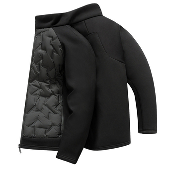 Odvojiva dvodijelna pletena patchwork jakna s perjem od pačjeg perja (86–90%), otporna na hladnoću, stojeći ovratnik, zatvarač, prilagođeni kroj, lagani poliester vanjski materijal