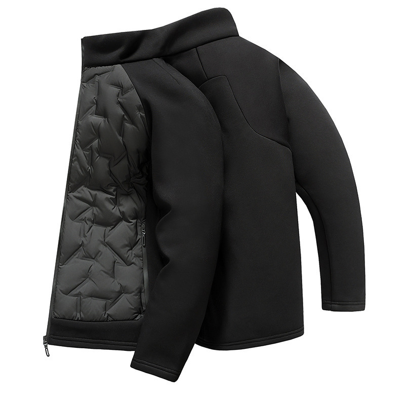 Odvojiva dvodijelna pletena patchwork jakna s perjem od pačjeg perja (86–90%), otporna na hladnoću, stojeći ovratnik, zatvarač, prilagođeni kroj, lagani poliester vanjski materijal