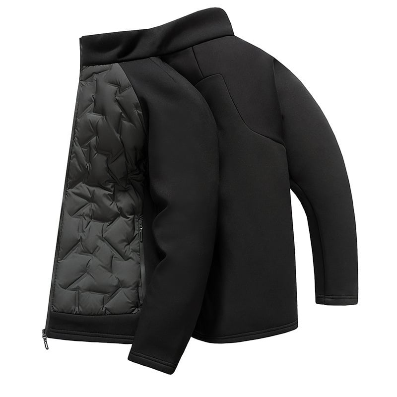 Odvojiva dvodijelna pletena patchwork jakna s perjem od pačjeg perja (86–90%), otporna na hladnoću, stojeći ovratnik, zatvarač, prilagođeni kroj, lagani poliester vanjski materijal