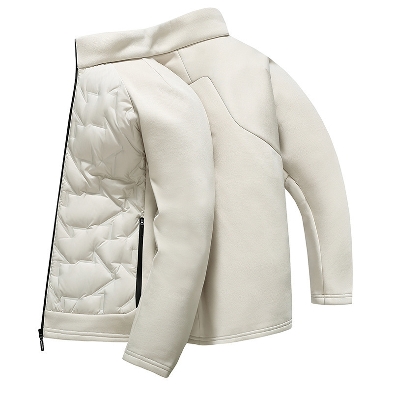 Odvojiva dvodijelna pletena patchwork jakna s perjem od pačjeg perja (86–90%), otporna na hladnoću, stojeći ovratnik, zatvarač, prilagođeni kroj, lagani poliester vanjski materijal