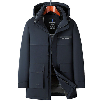 Monk muška down jakna - kapuljača, produženi kroj, vodootporan vanjski sloj od najlona, bijeli gusji per 71-75%, zaštita od -5°C do 0°C