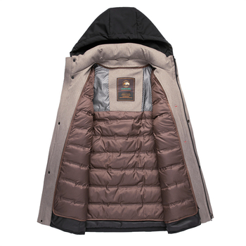 Muška jakna od perja srednje duljine, kapuljača s odvojivom podstavom, bijelo gusje perje 86–90%