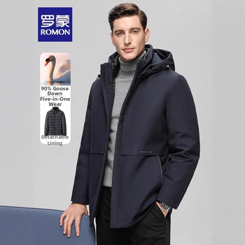 Geacă de iarnă pentru bărbați Romon cu glugă, lungime medie, umplutură din puf de gâscă alb, 800 fill power, căptușeală interioară detașabilă, -20°C până la -5°C