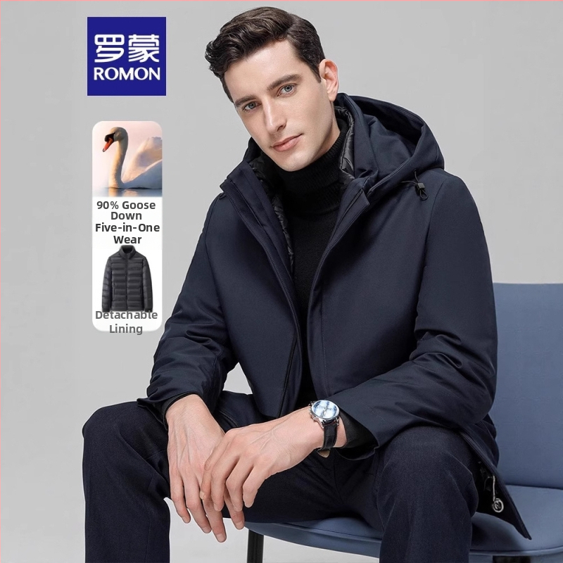 Geacă de iarnă pentru bărbați Romon cu glugă, lungime medie, umplutură din puf de gâscă alb, 800 fill power, căptușeală interioară detașabilă, -20°C până la -5°C