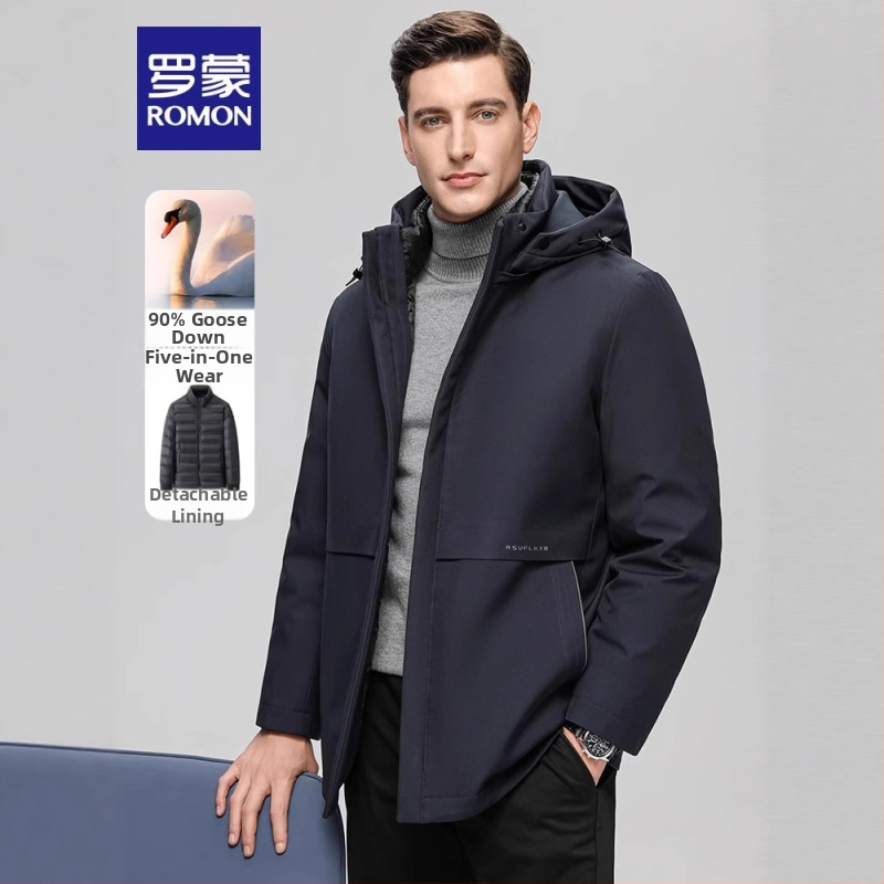 Geacă de iarnă pentru bărbați Romon cu glugă, lungime medie, umplutură din puf de gâscă alb, 800 fill power, căptușeală interioară detașabilă, -20°C până la -5°C
